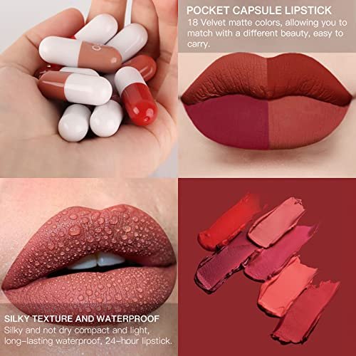 LSxia 18 Colors Capsule Pills Lipstick Mini Lip-Stick Set, Long Lasting Mini Matte Lipstick Lip Stain Lip Tint - Labiales Mate 24 Horas Originales, Cute Dark Red Matte Lipsticks Set for Women - görsel 4