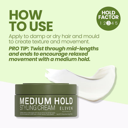 ELEVEN AUSTRALIA Medium Hold Hair Styling Cream - Slick Hold Pomade with Carnauba Wax, Matte Texture Paste for Short, Medium, or Long Hair, Natural Shine - 3 oz Avelisse