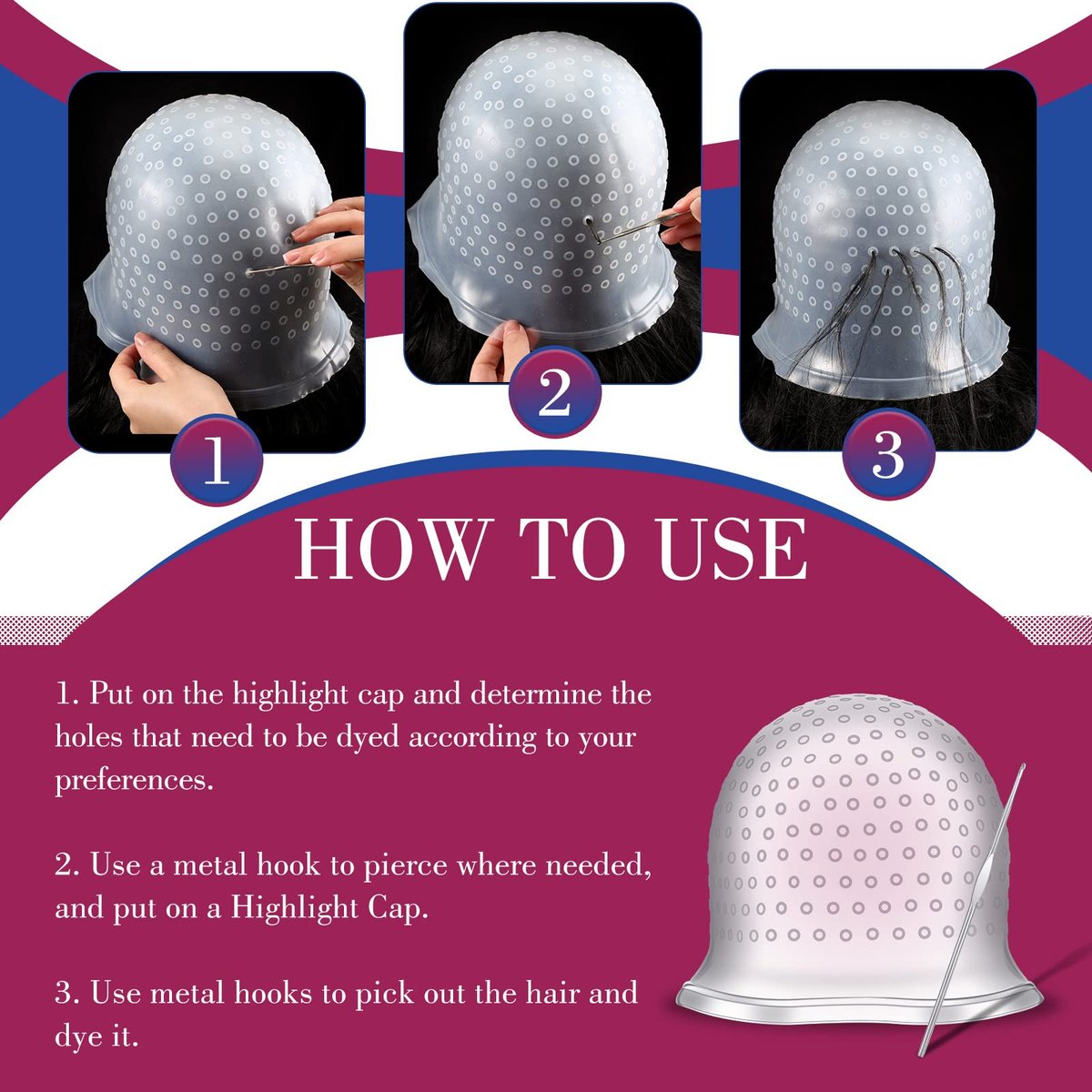 Canlierr Silicone Highlight Cap with Hook and Gloves – Reusable Hair Highlighting Kit for Salon & Home Use - görsel 7
