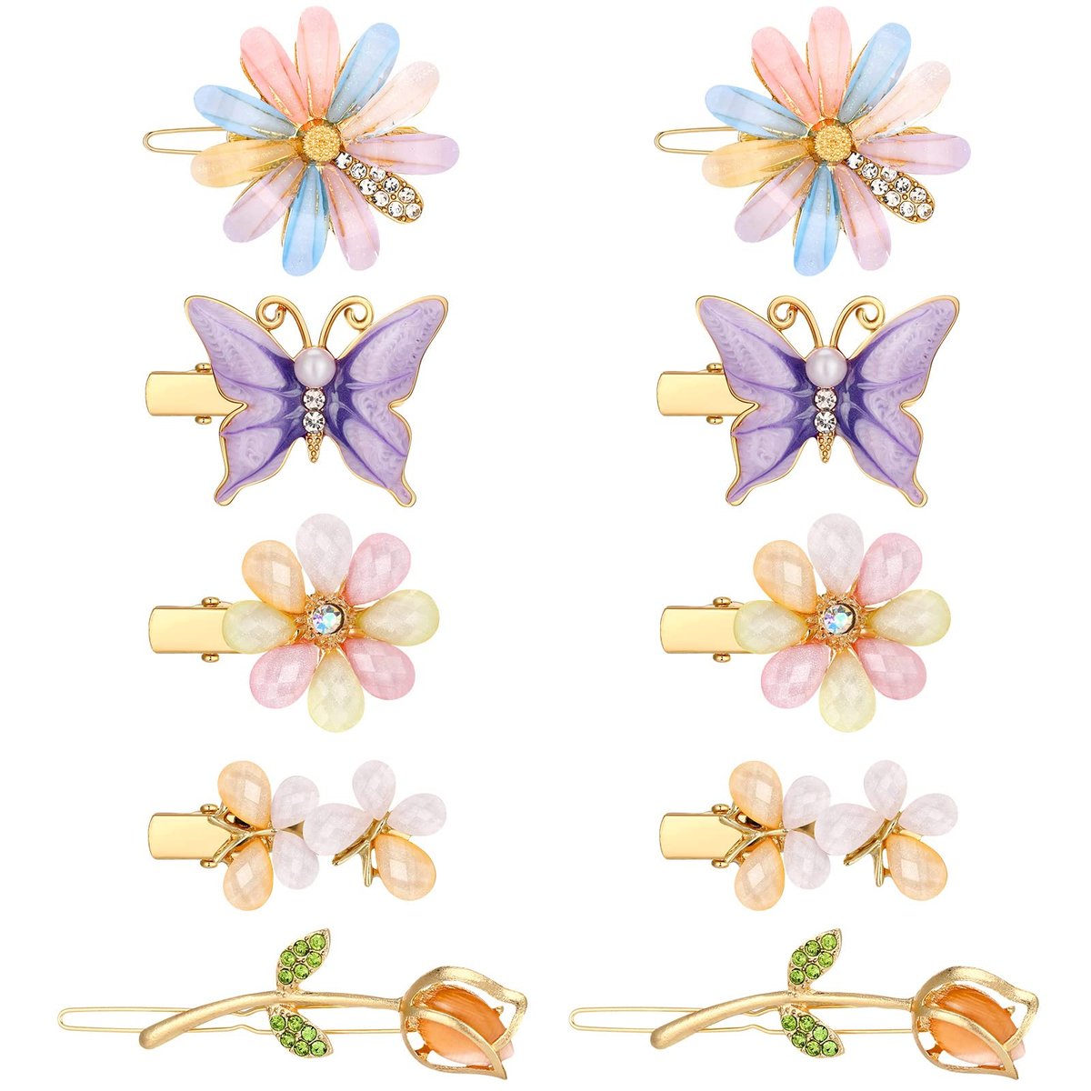 10-Piece Decorative Hair Clips Set – Rhinestone Bobby Pins with Butterfly & Flower Designs, Handmade Metal Barrettes, Crystal Hair Jewelry for Women (Fresh Style) - görsel 1