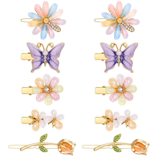 10-Piece Decorative Hair Clips Set – Rhinestone Bobby Pins with Butterfly & Flower Designs, Handmade Metal Barrettes, Crystal Hair Jewelry for Women (Fresh Style)