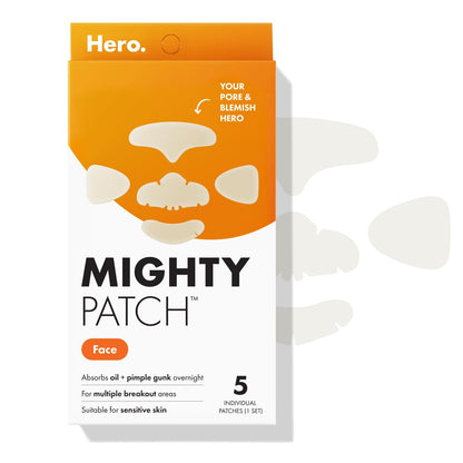 Mighty Patch Hero Cosmetics XL Hydrocolloid Face Mask for Acne – 5 Large Pimple Patches for Nose, Chin, Forehead & Cheeks