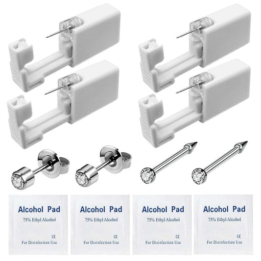 HELLWANG 2 Pack Nose Piercing + 2 Pack Ear Piercing Kit - Safe & Simple for Beginners (Silver)