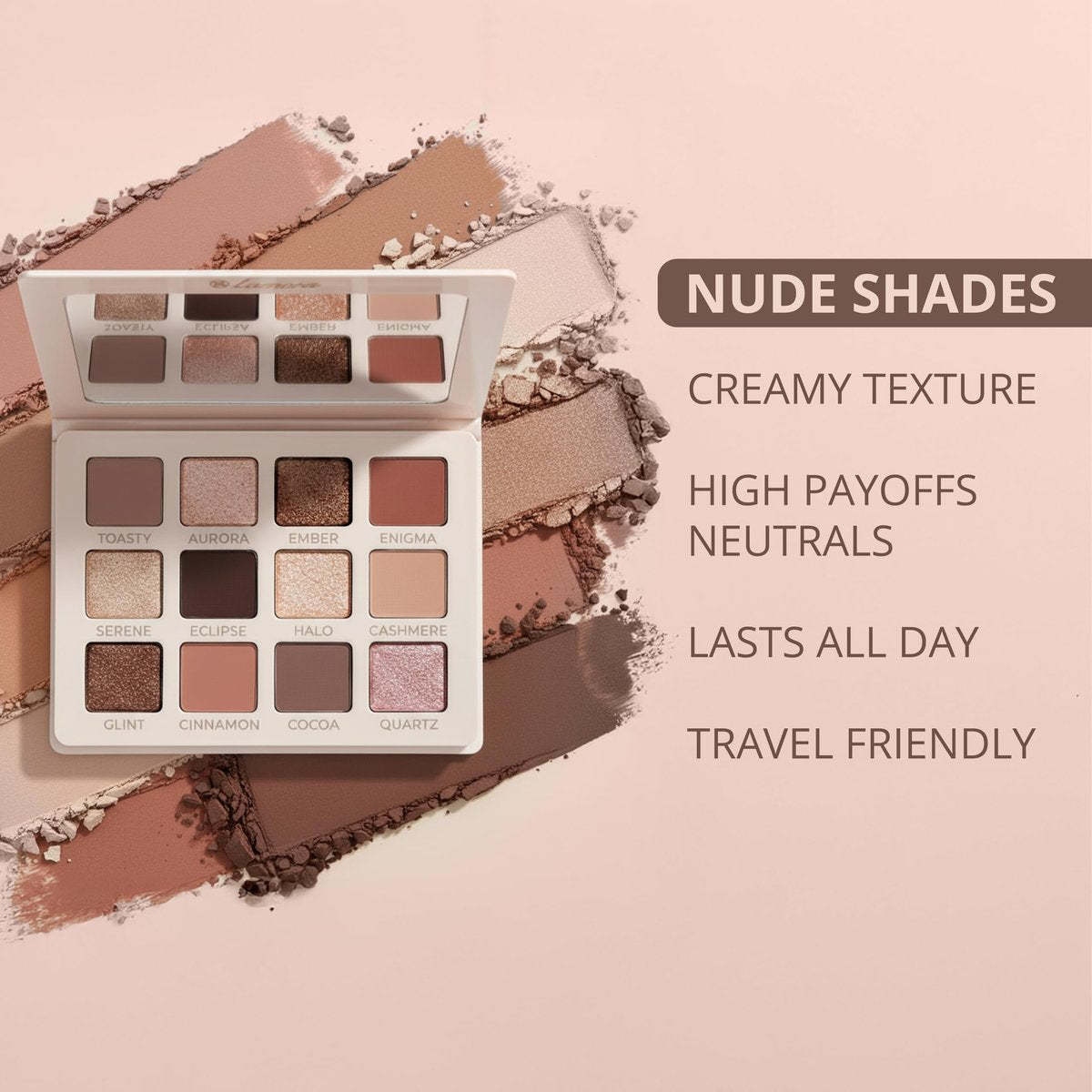 Lamora Nude Eyeshadow Palette - 12 Soft Pink Rose Shadows, Matte & Shimmer Finishes, Ultra-Blendable Everyday Neutrals, Long-Lasting Wear, Travel Makeup with Mirror Avelisse