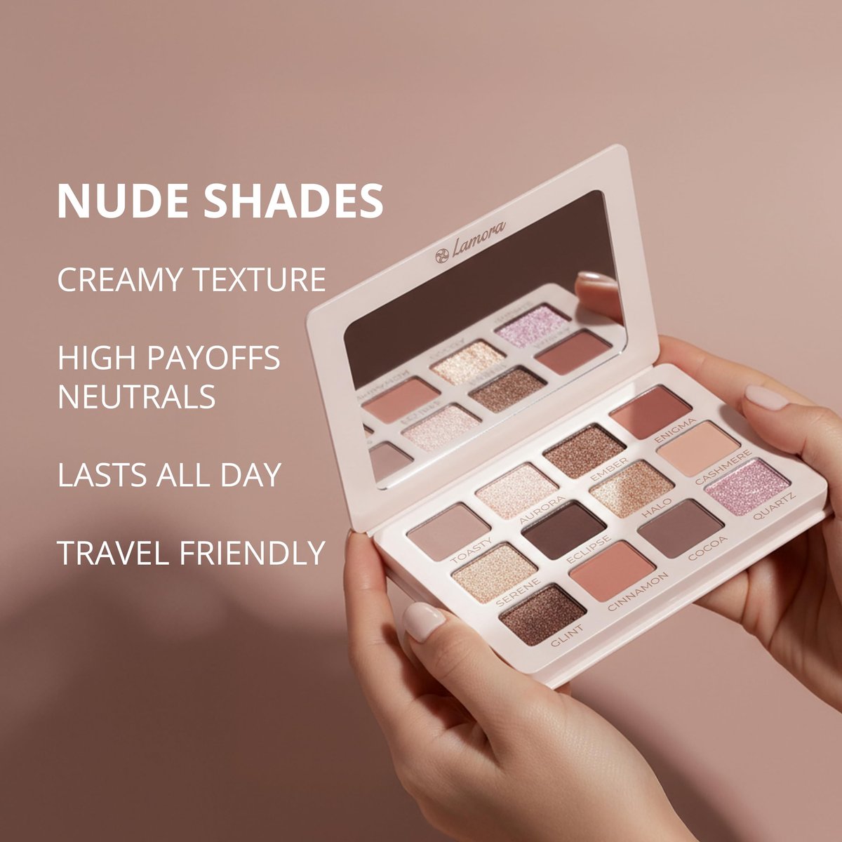 Lamora Nude Eyeshadow Palette - 12 Soft Pink Rose Shadows, Matte & Shimmer Finishes, Ultra-Blendable Everyday Neutrals, Long-Lasting Wear, Travel Makeup with Mirror Avelisse
