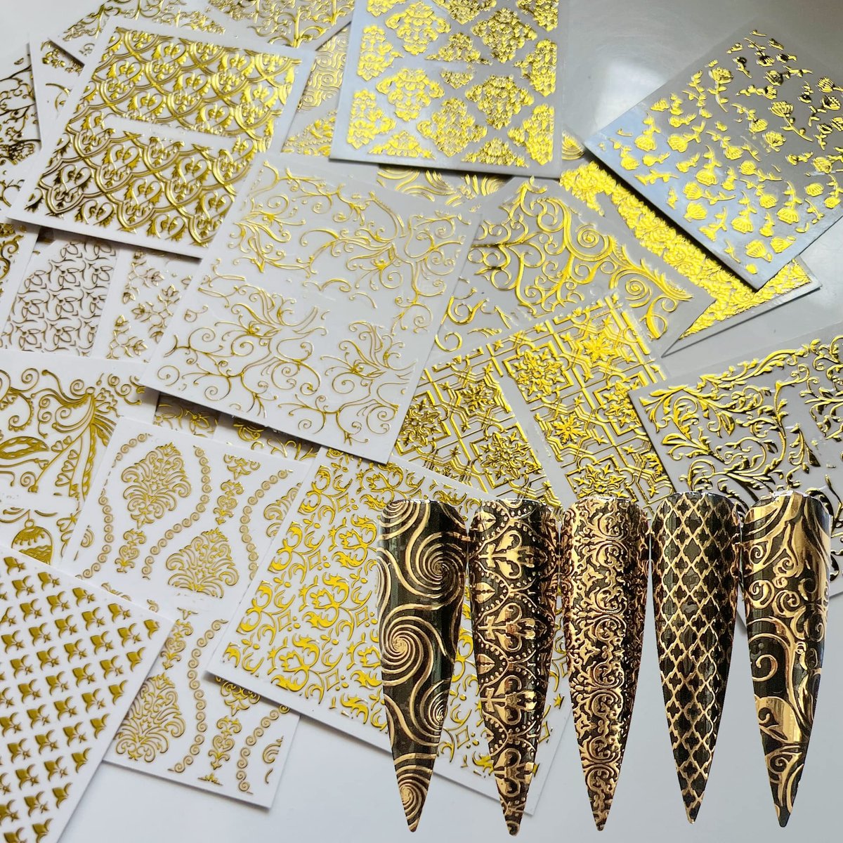 NAIL ANGEL 26 Sheets Gold Luxury Nail Art Adhesive Sticker Sheets - Water-Resistant Plastic Decals - görsel 1