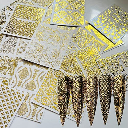NAIL ANGEL 26 Sheets Gold Luxury Nail Art Adhesive Sticker Sheets - Water-Resistant Plastic Decals