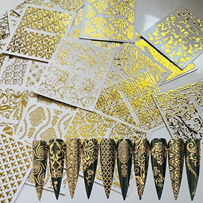 NAIL ANGEL 26 Sheets Gold Luxury Nail Art Adhesive Sticker Sheets - Water-Resistant Plastic Decals