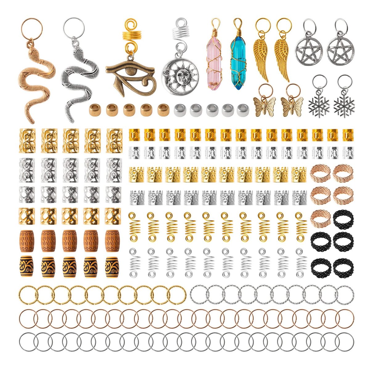200pcs Hair Beads Jewelry Set - Dreadlocks Gem Crystal Charms, Metal Coils Rings, Gold and Silver Pendants, Braid Cuffs, Clips, Loc Tube Bead Braid Accessories for Braids Decoration - görsel 14