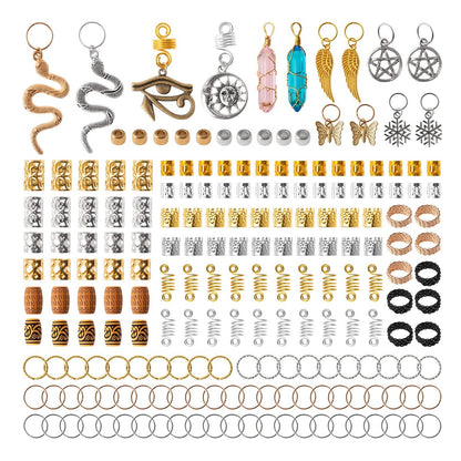 200pcs Hair Beads Jewelry Set - Dreadlocks Gem Crystal Charms, Metal Coils Rings, Gold and Silver Pendants, Braid Cuffs, Clips, Loc Tube Bead Braid Accessories for Braids Decoration