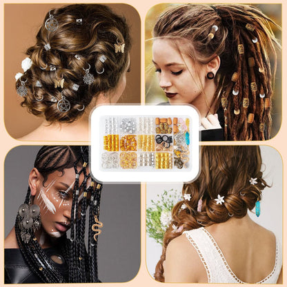 200pcs Hair Beads Jewelry Set - Dreadlocks Gem Crystal Charms, Metal Coils Rings, Gold and Silver Pendants, Braid Cuffs, Clips, Loc Tube Bead Braid Accessories for Braids Decoration