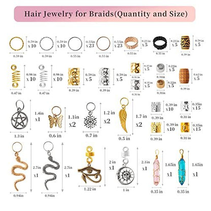 200pcs Hair Beads Jewelry Set - Dreadlocks Gem Crystal Charms, Metal Coils Rings, Gold and Silver Pendants, Braid Cuffs, Clips, Loc Tube Bead Braid Accessories for Braids Decoration