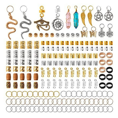 200pcs Hair Beads Jewelry Set - Dreadlocks Gem Crystal Charms, Metal Coils Rings, Gold and Silver Pendants, Braid Cuffs, Clips, Loc Tube Bead Braid Accessories for Braids Decoration