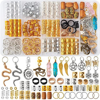 200pcs Hair Beads Jewelry Set - Dreadlocks Gem Crystal Charms, Metal Coils Rings, Gold and Silver Pendants, Braid Cuffs, Clips, Loc Tube Bead Braid Accessories for Braids Decoration