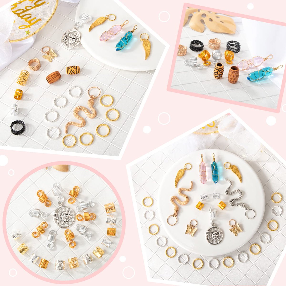 200pcs Hair Beads Jewelry Set - Dreadlocks Gem Crystal Charms, Metal Coils Rings, Gold and Silver Pendants, Braid Cuffs, Clips, Loc Tube Bead Braid Accessories for Braids Decoration - görsel 8