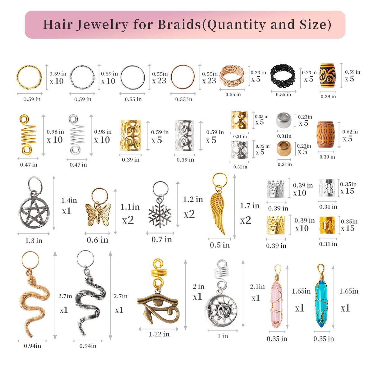 200pcs Hair Beads Jewelry Set - Dreadlocks Gem Crystal Charms, Metal Coils Rings, Gold and Silver Pendants, Braid Cuffs, Clips, Loc Tube Bead Braid Accessories for Braids Decoration - görsel 10