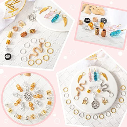 200pcs Hair Beads Jewelry Set - Dreadlocks Gem Crystal Charms, Metal Coils Rings, Gold and Silver Pendants, Braid Cuffs, Clips, Loc Tube Bead Braid Accessories for Braids Decoration