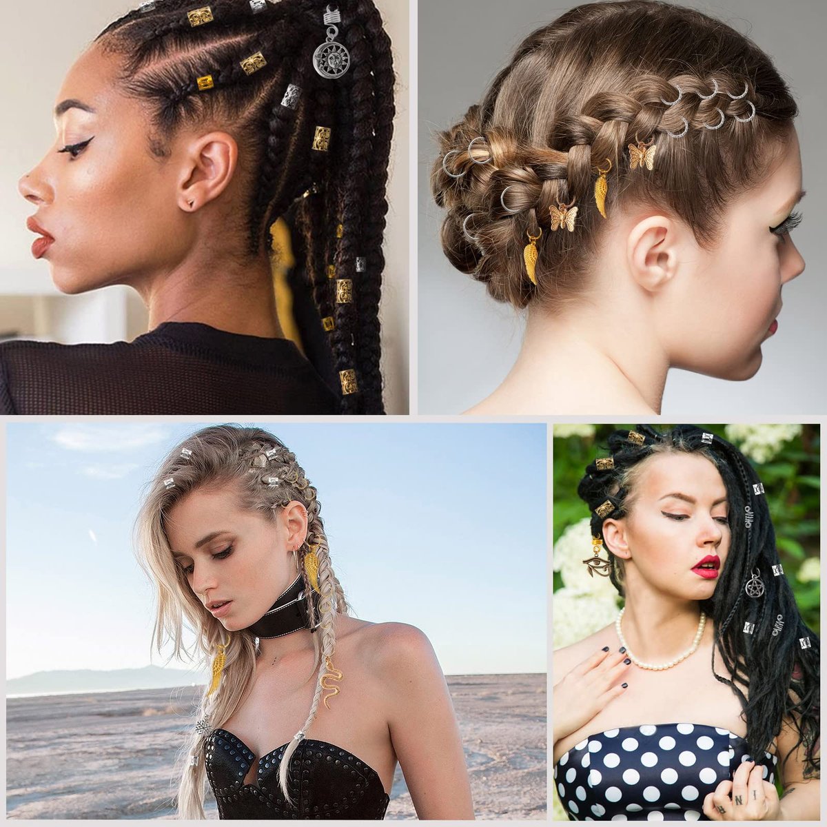 200pcs Hair Beads Jewelry Set - Dreadlocks Gem Crystal Charms, Metal Coils Rings, Gold and Silver Pendants, Braid Cuffs, Clips, Loc Tube Bead Braid Accessories for Braids Decoration - görsel 3