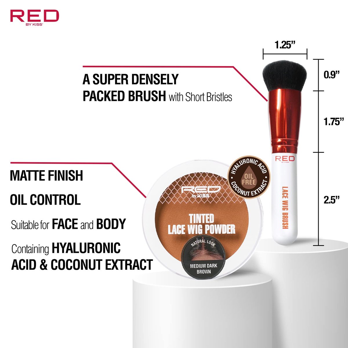 Red by Kiss Lace Wig Brush Tinted Powder Set – Matte Finish, Oil Control, Lightweight, Long-Lasting, Mix & Match Shade Duo - Medium Dark Brown Set Avelisse