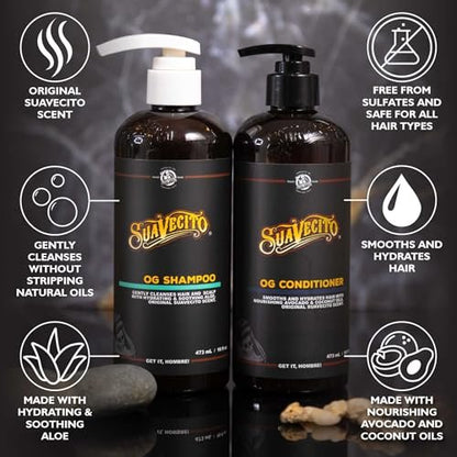Suavecito OG Shampoo & Conditioner Set 16 oz Pump Bottle with Provitamin B5, Natural Oils for Fortifying and Restoring Damaged Hair, Sulfate-Free, Works on All Hair Types Avelisse