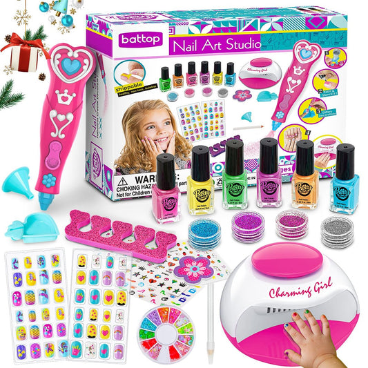 BATTOP Kids Nail Polish Set for Girls - Non-Toxic, Peel Off, Quick Dry Nail Art Kit with Nail Dryer & Glitter Pen, Christmas Birthday Gifts for Girls Ages 6-12 Avelisse