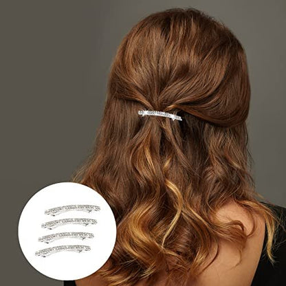 Silver Crystal Rhinestone Hair Clips - Sparkly Bling Spring Barrettes for Women & Girls (Pack of 4)
