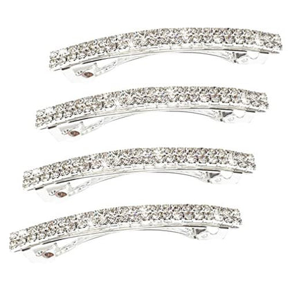 Silver Crystal Rhinestone Hair Clips - Sparkly Bling Spring Barrettes for Women & Girls (Pack of 4)