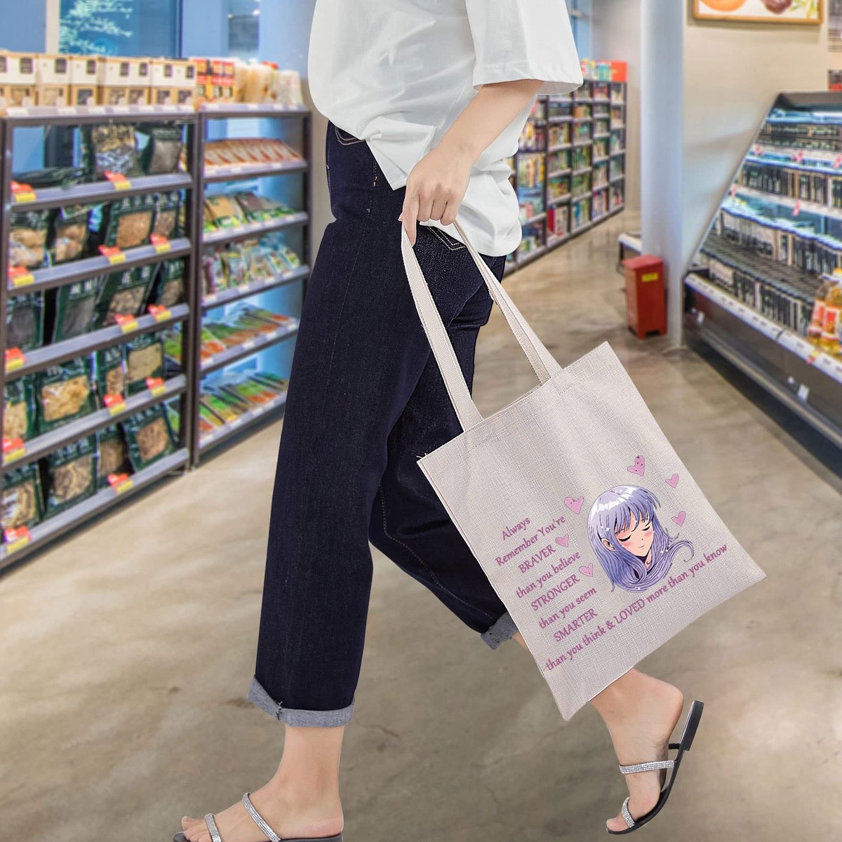 WZMPA Anime Girl Cosmetic Bag - 'You Are Braver, Stronger, Smarter Than You Think' Canvas Makeup Pouch for Women & Teen Girls (Always Anime Tote) - görsel 9