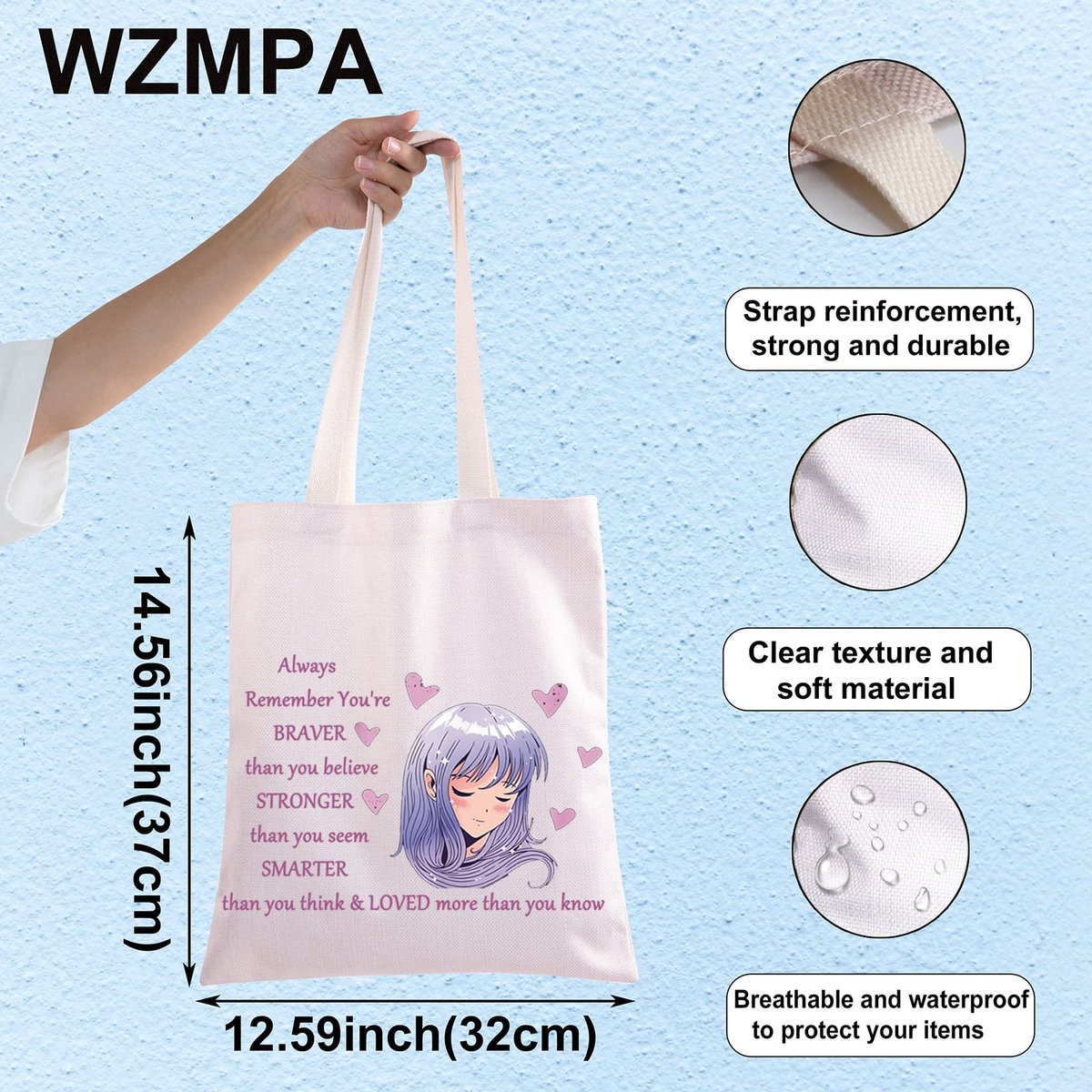 WZMPA Anime Girl Cosmetic Bag - 'You Are Braver, Stronger, Smarter Than You Think' Canvas Makeup Pouch for Women & Teen Girls (Always Anime Tote) - görsel 3
