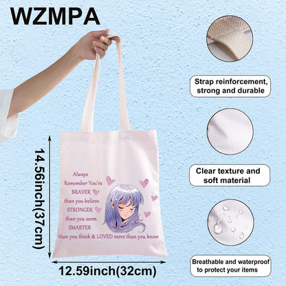 WZMPA Anime Girl Cosmetic Bag - 'You Are Braver, Stronger, Smarter Than You Think' Canvas Makeup Pouch for Women & Teen Girls (Always Anime Tote)