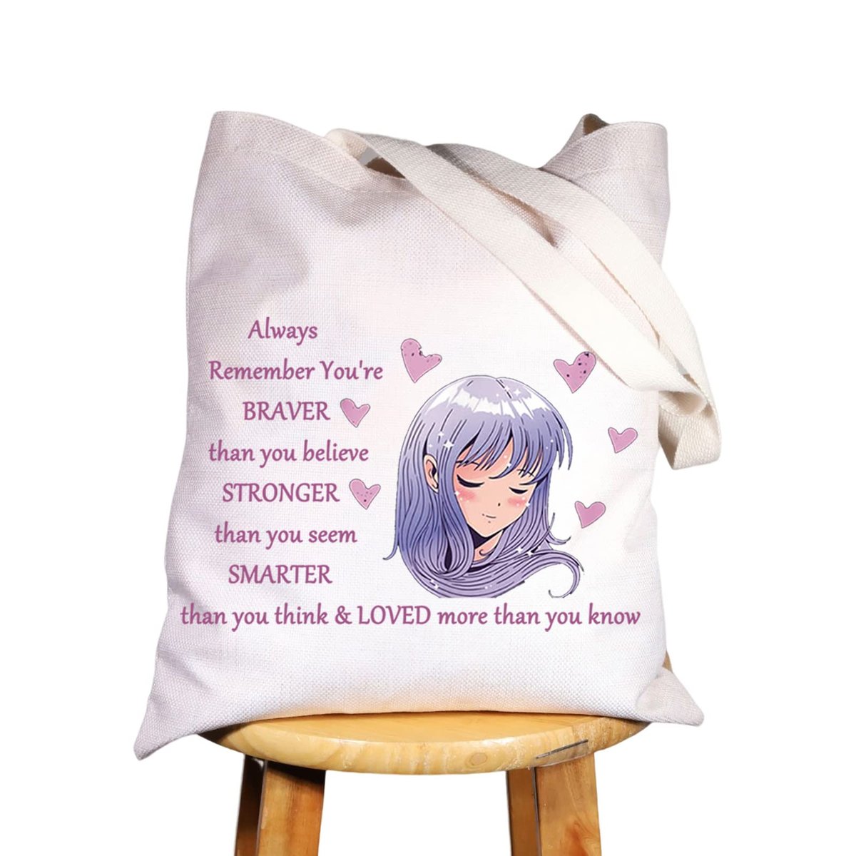 WZMPA Anime Girl Cosmetic Bag - 'You Are Braver, Stronger, Smarter Than You Think' Canvas Makeup Pouch for Women & Teen Girls (Always Anime Tote) - görsel 1