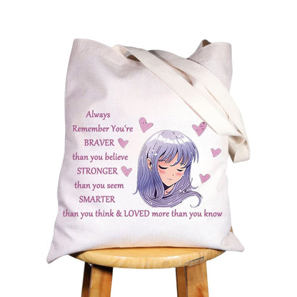 WZMPA Anime Girl Cosmetic Bag - 'You Are Braver, Stronger, Smarter Than You Think' Canvas Makeup Pouch for Women & Teen Girls (Always Anime Tote)