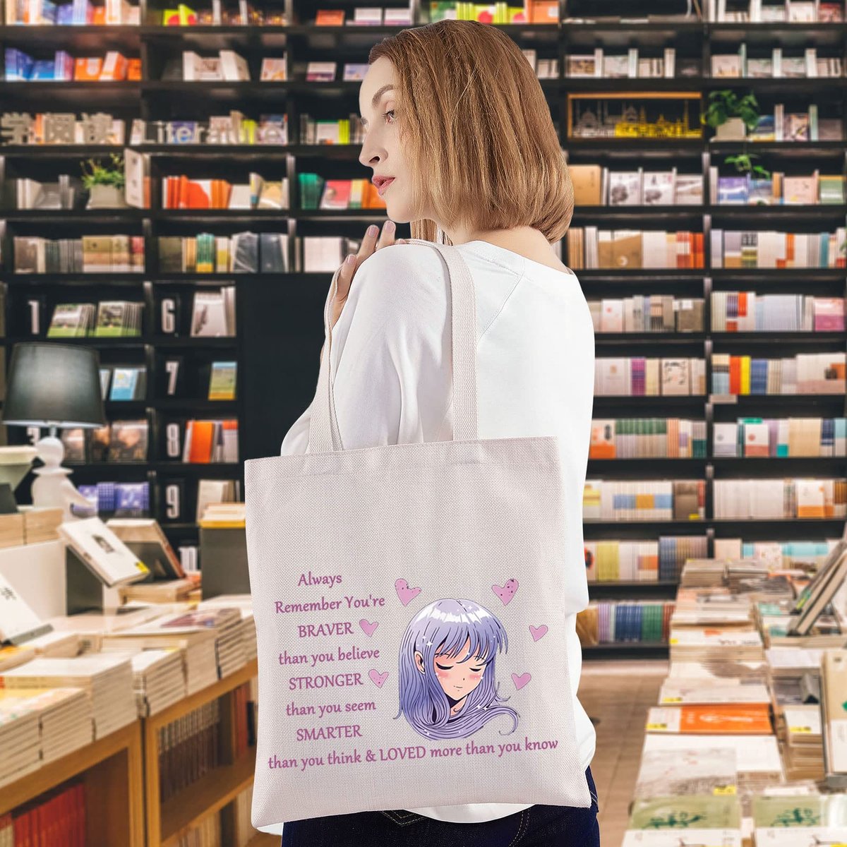 WZMPA Anime Girl Cosmetic Bag - 'You Are Braver, Stronger, Smarter Than You Think' Canvas Makeup Pouch for Women & Teen Girls (Always Anime Tote) - görsel 5