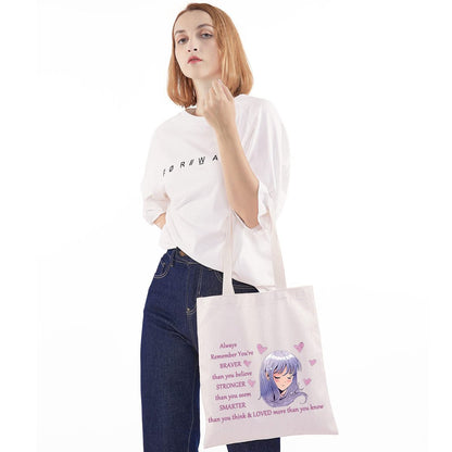 WZMPA Anime Girl Cosmetic Bag - 'You Are Braver, Stronger, Smarter Than You Think' Canvas Makeup Pouch for Women & Teen Girls (Always Anime Tote)