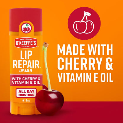 O'Keeffe's Lip Repair Lip Balm with Cherry & Vitamin E Oil - Twin Pack Stick Moisturizer for Extremely Cracked, Dry Lips