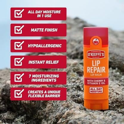 O'Keeffe's Lip Repair Lip Balm with Cherry & Vitamin E Oil - Stick (3 Pack) - Moisturizer for Extremely Cracked, Dry Lips