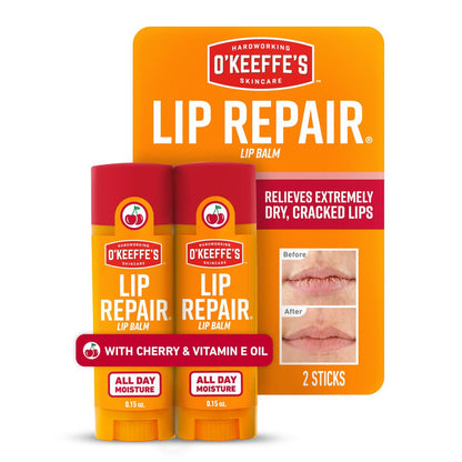 O'Keeffe's Lip Repair Lip Balm with Cherry & Vitamin E Oil - Twin Pack Stick Moisturizer for Extremely Cracked, Dry Lips