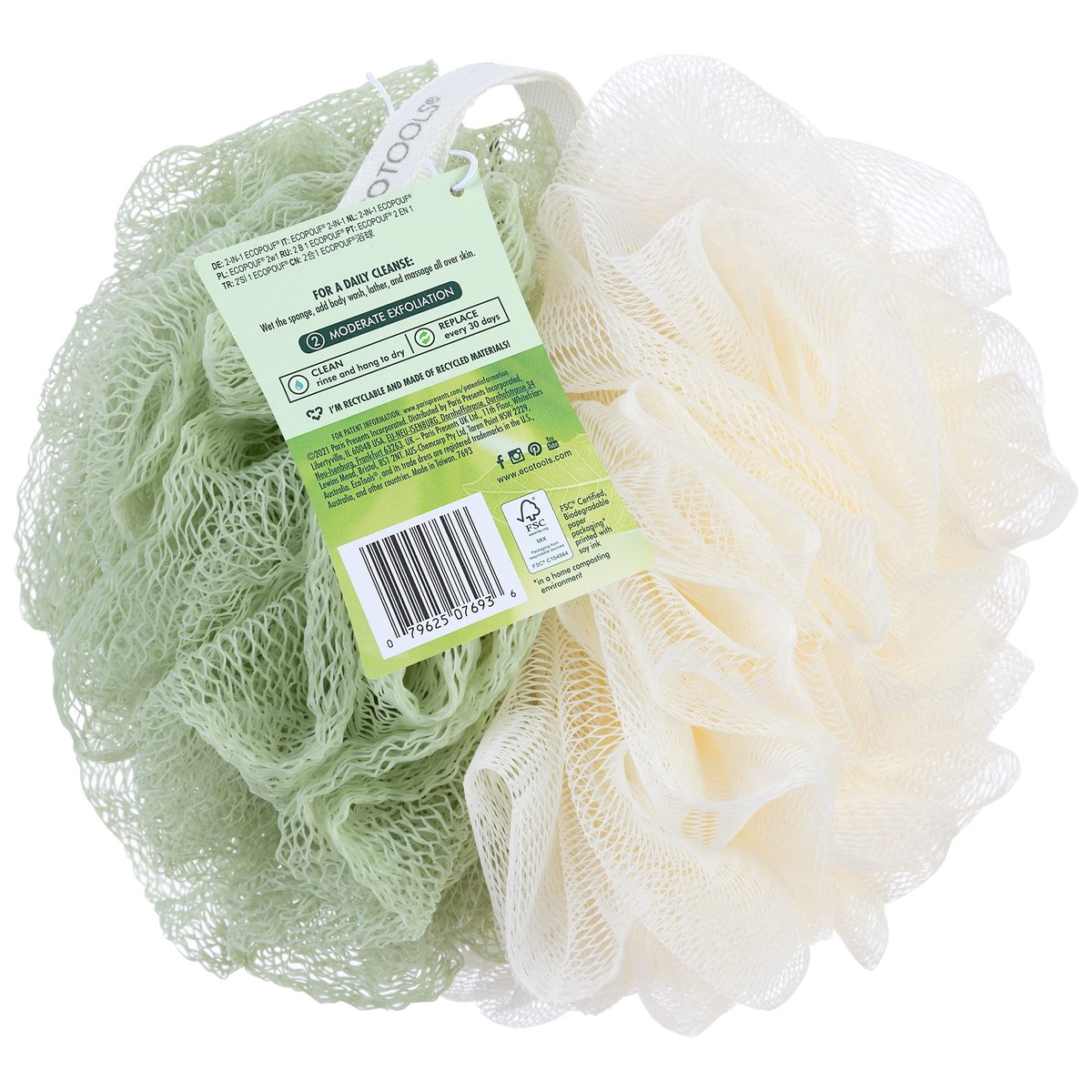 EcoTools Green 2-in-1 EcoPouf - Dual-Sided Shower Loofah Exfoliates & Cleanses Skin, Made of Recycled Netting, Eco-Friendly Bath Accessory, Cruelty-Free, 1 Count Avelisse