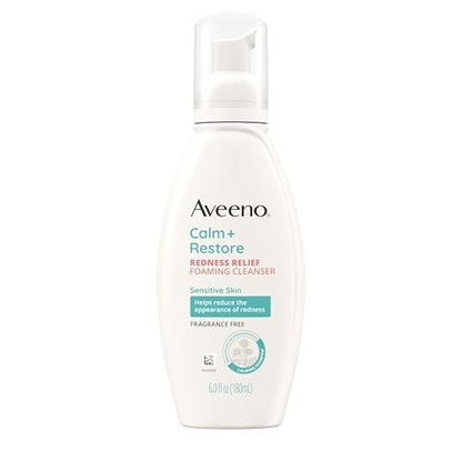 Aveeno Calm + Restore Redness Relief Foaming Cleanser – Gentle Daily Face Wash with Calming Feverfew, Hypoallergenic & Fragrance-Free, 6 fl. oz