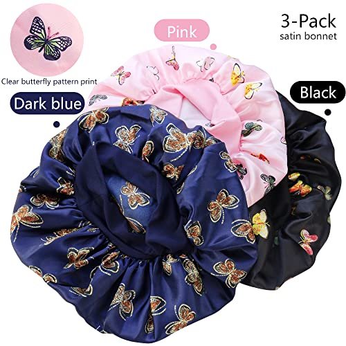 TCOTBE 3 Pack Soft Satin Bonnet Silk Hair Wrap for Sleeping - Black, Wide Elastic Band, Single Layer - görsel 6