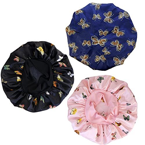 TCOTBE 3 Pack Soft Satin Bonnet Silk Hair Wrap for Sleeping - Black, Wide Elastic Band, Single Layer - görsel 2