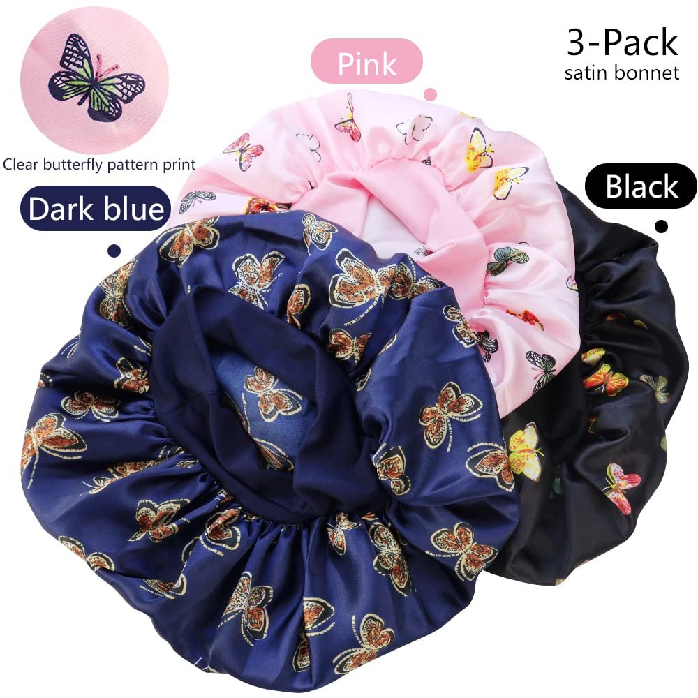 TCOTBE 3 Pack Soft Satin Bonnet Silk Hair Wrap for Sleeping - Black, Wide Elastic Band, Single Layer - görsel 5