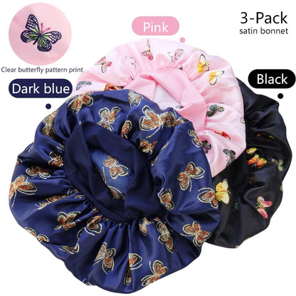 TCOTBE 3 Pack Soft Satin Bonnet Silk Hair Wrap for Sleeping - Black, Wide Elastic Band, Single Layer