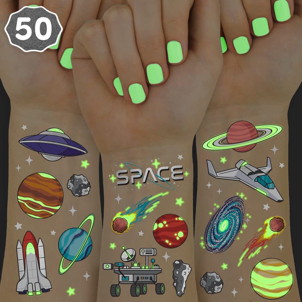xo, Fetti Space + Planets Glow in Dark Temporary Tattoos for Kids - 50 pcs | Alien Birthday Party Supplies, Astronaut Favors & Rocket Ship Decorations - görsel 2