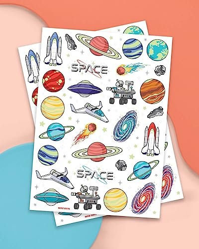 xo, Fetti Space + Planets Glow in Dark Temporary Tattoos for Kids - 50 pcs | Alien Birthday Party Supplies, Astronaut Favors & Rocket Ship Decorations - görsel 3