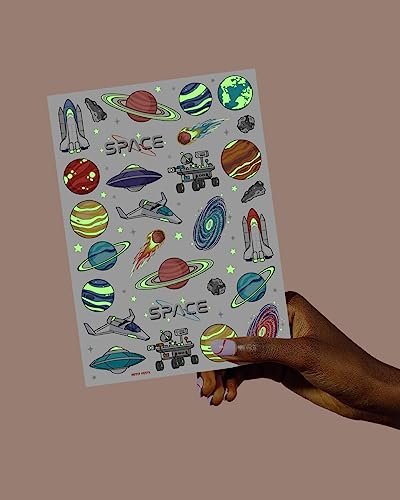 xo, Fetti Space + Planets Glow in Dark Temporary Tattoos for Kids - 50 pcs | Alien Birthday Party Supplies, Astronaut Favors & Rocket Ship Decorations