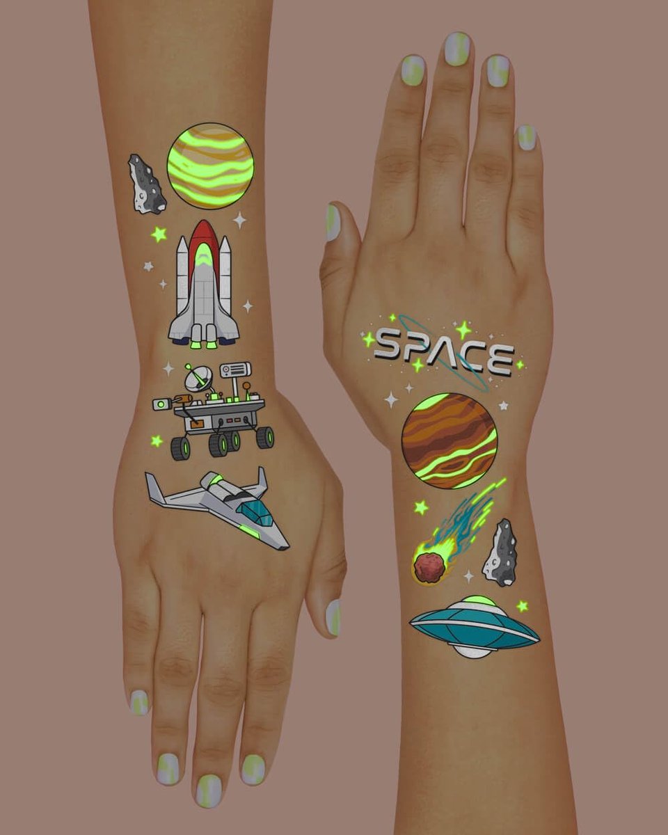 xo, Fetti Space + Planets Glow in Dark Temporary Tattoos for Kids - 50 pcs | Alien Birthday Party Supplies, Astronaut Favors & Rocket Ship Decorations - görsel 8