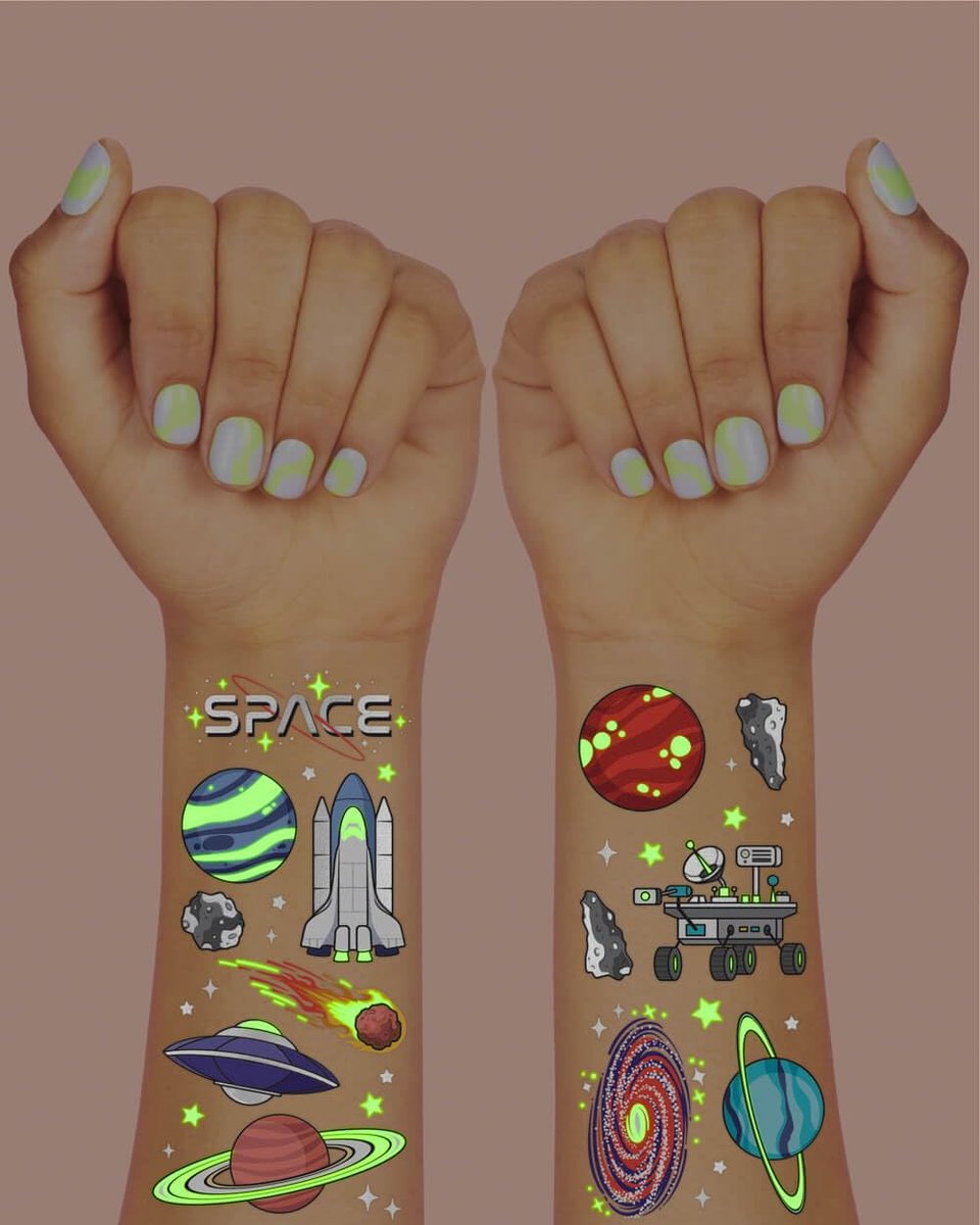 xo, Fetti Space + Planets Glow in Dark Temporary Tattoos for Kids - 50 pcs | Alien Birthday Party Supplies, Astronaut Favors & Rocket Ship Decorations - görsel 6