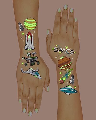 xo, Fetti Space + Planets Glow in Dark Temporary Tattoos for Kids - 50 pcs | Alien Birthday Party Supplies, Astronaut Favors & Rocket Ship Decorations