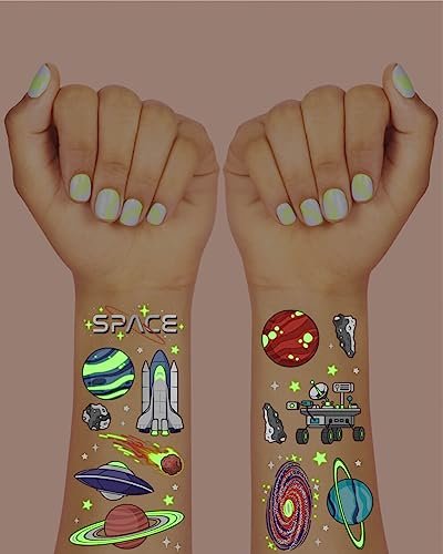 xo, Fetti Space + Planets Glow in Dark Temporary Tattoos for Kids - 50 pcs | Alien Birthday Party Supplies, Astronaut Favors & Rocket Ship Decorations - görsel 5